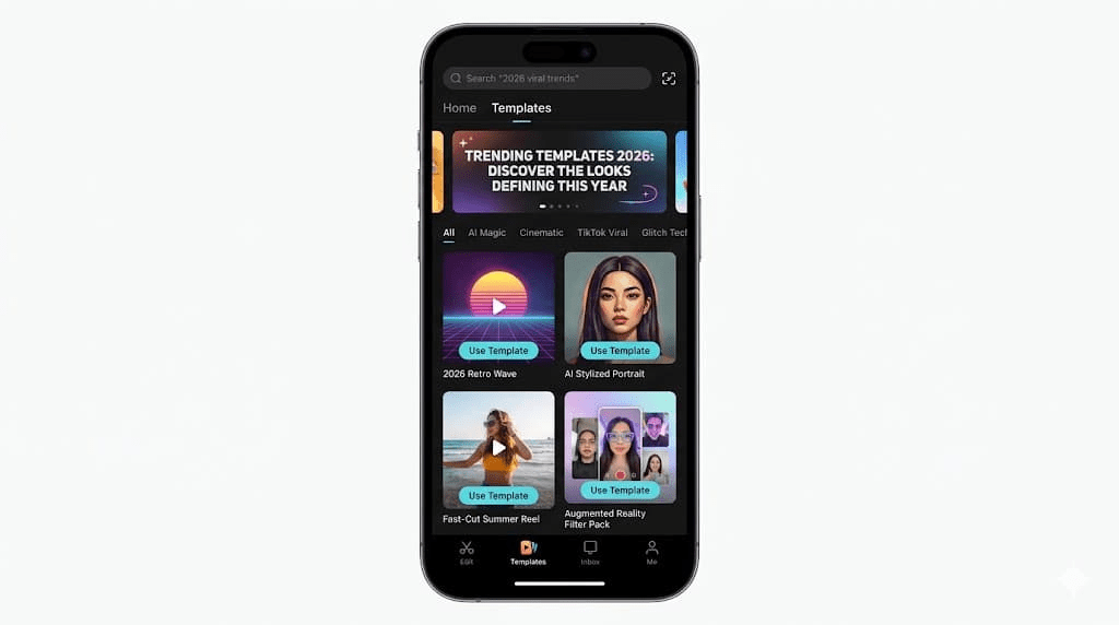 CapCut Templates & Video Editing interface showing trending templates in 2026