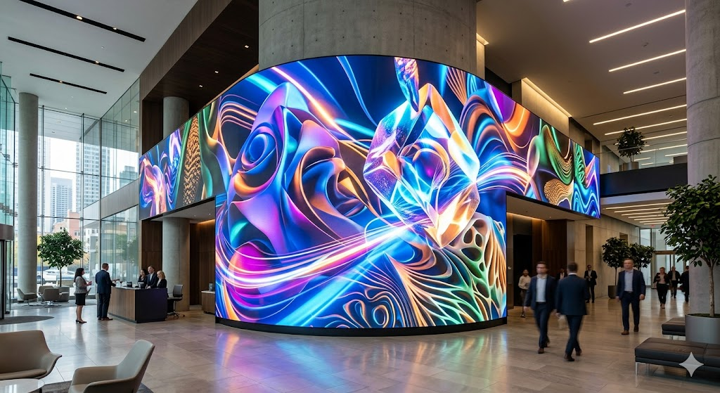 A large, ultra-high-definition curved LED video wall inside a modern corporate lobby displaying dynamic, vibrant 3D abstract digital art with seamless bezel-free panels