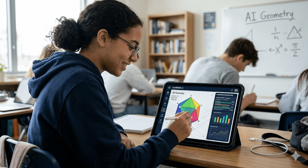 A student interacting with a personalized AI learning software interface on a tablet screen, displaying interactive 3D geometry modules and real-time progress analytics dashboards