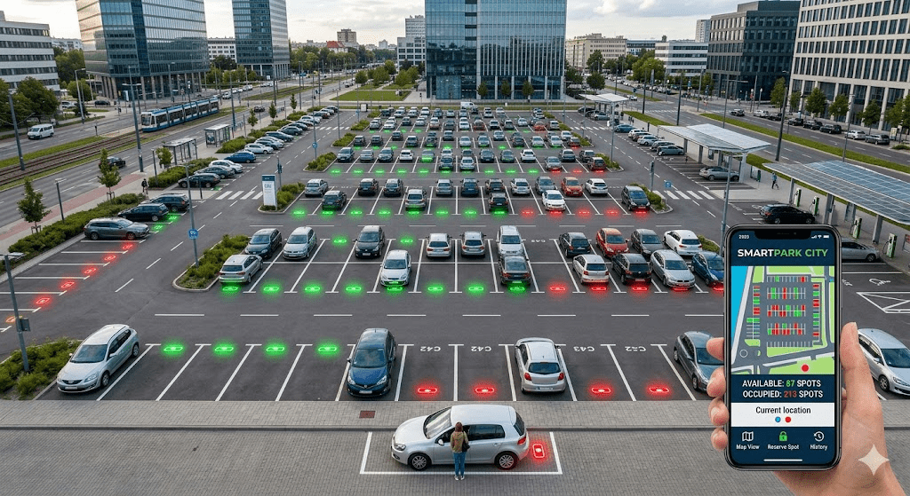 An aerial view of a smart city parking lot in 2026 showing integrated IoT ground sensors glowing with green and red light indicators, with a driver checking real-time parking availability on a smartphone app dashboard