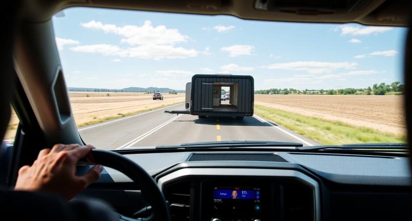 pickup truck towing technology displaying transparent trailer view on dashboard screen.