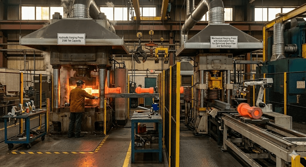 Hydraulic and mechanical press machinery used in hot forging manufacturing