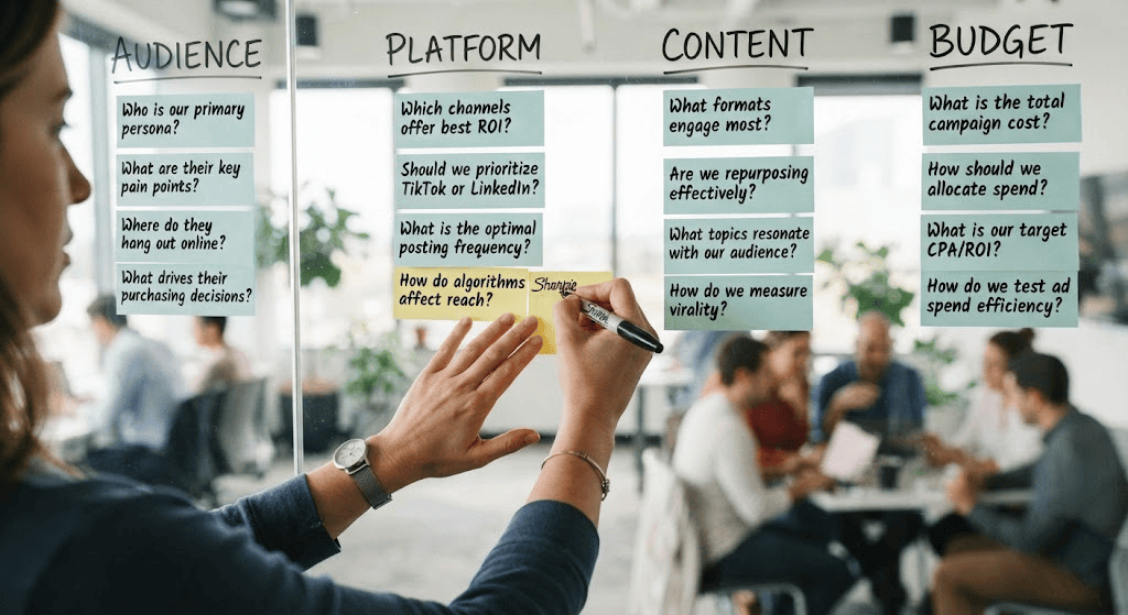 Sticky notes organizing cause questions by category for a social media marketing strategy