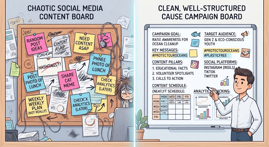 Comparison of disorganized cause marketing content versus a well-planned social media marketing strategy