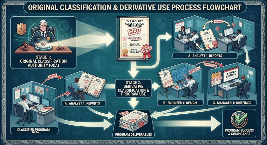 Flowchart showing how an Original Classification Authority issues a security classification guide used by derivative classifiers
