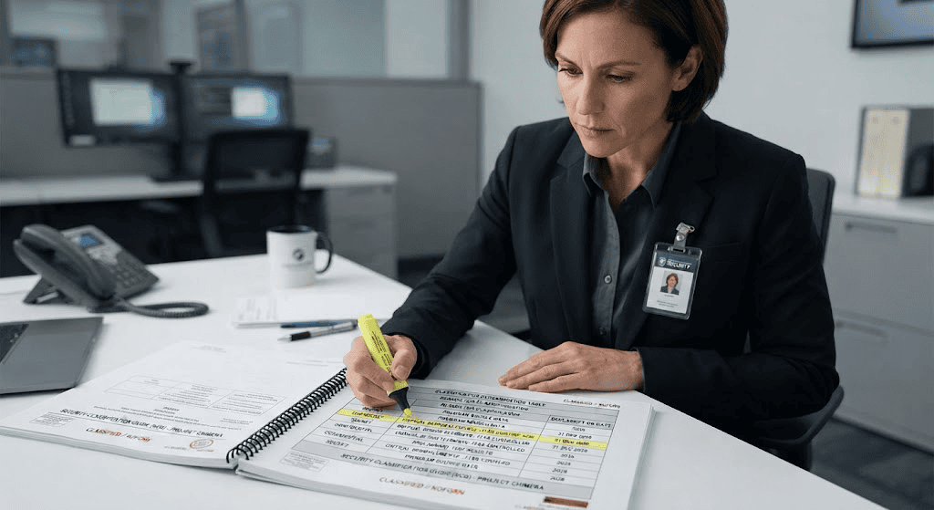 Security officer reviewing a security classification guide table showing classification levels and declassification dates