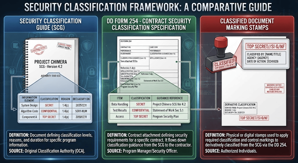 Comparison diagram of a security classification guide, DD Form 254, and classification markings
