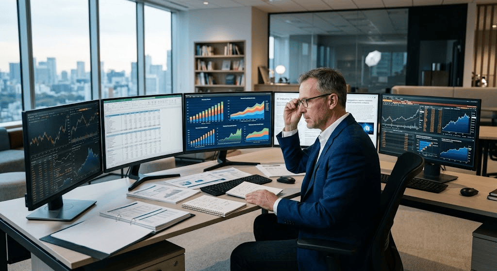 Investor analyzing technology news and stock market data