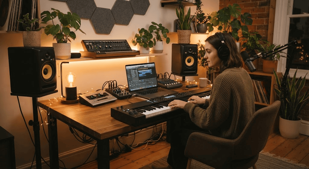 Independent musician using a home studio setup with laptop and MIDI keyboard for music production