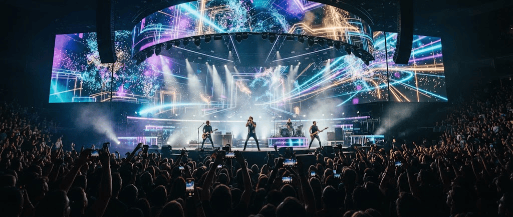 Live concert combining music performance with synchronized digital projection visuals