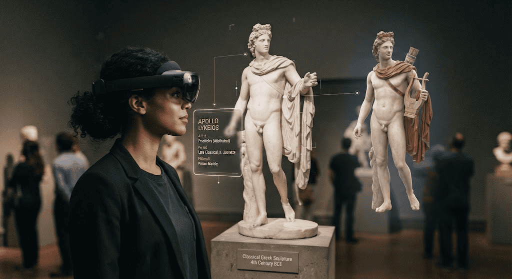 Museum visitor using augmented reality technology to explore a classical sculpture exhibit