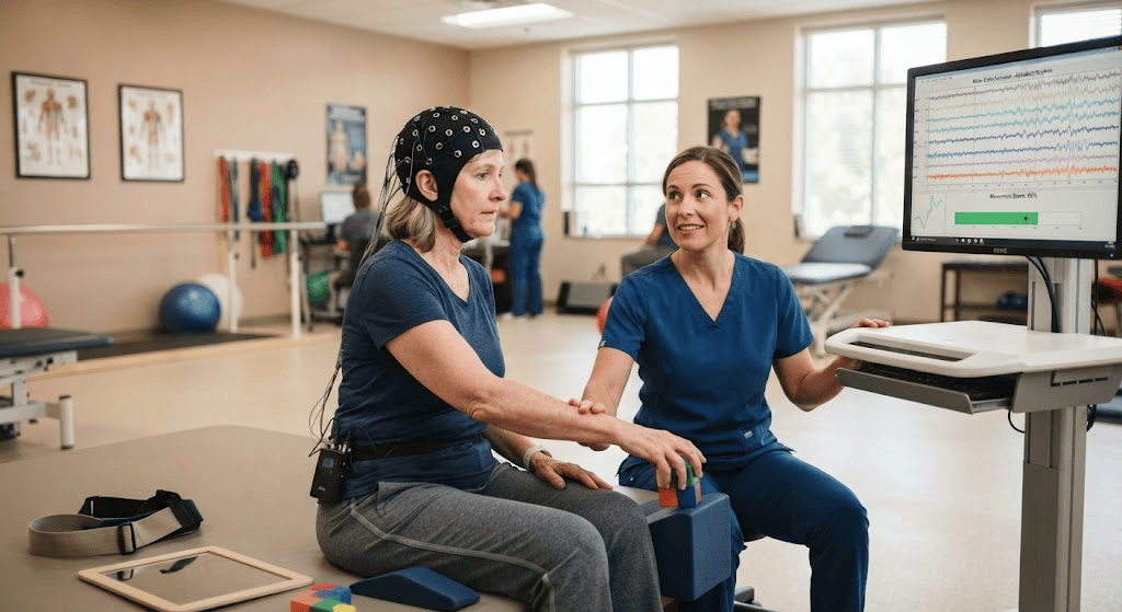 Stroke patient using EEG brain computer interface during rehabilitation therapy