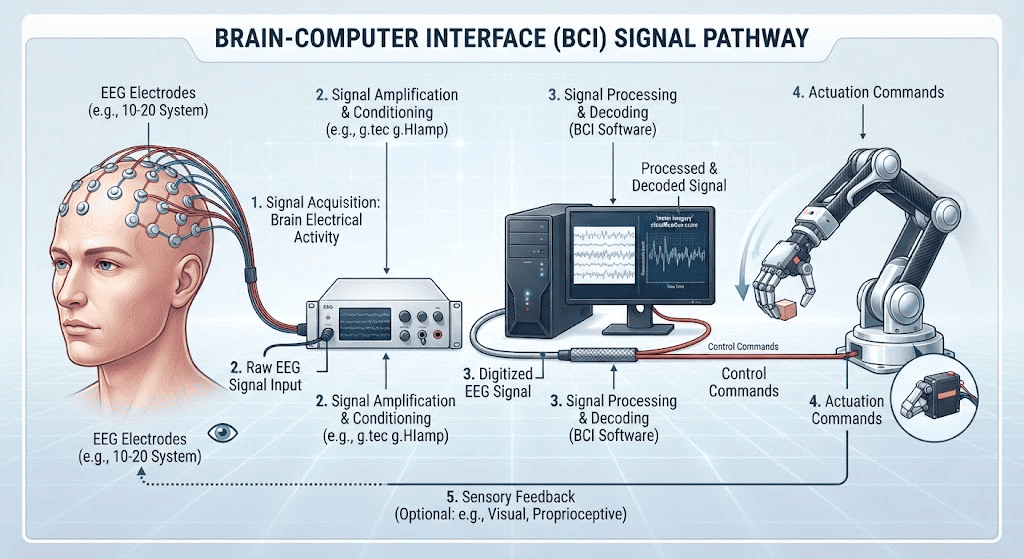 Diagram showing how EEG brain computer interface signals travel from brain to device