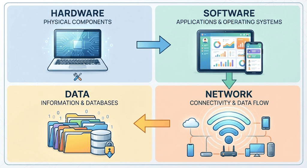 Diagram showing the four core components of information technology: hardware, software, networks, and data
