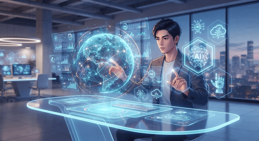 Illustration of future information technology trends including AI, cloud, and global networking