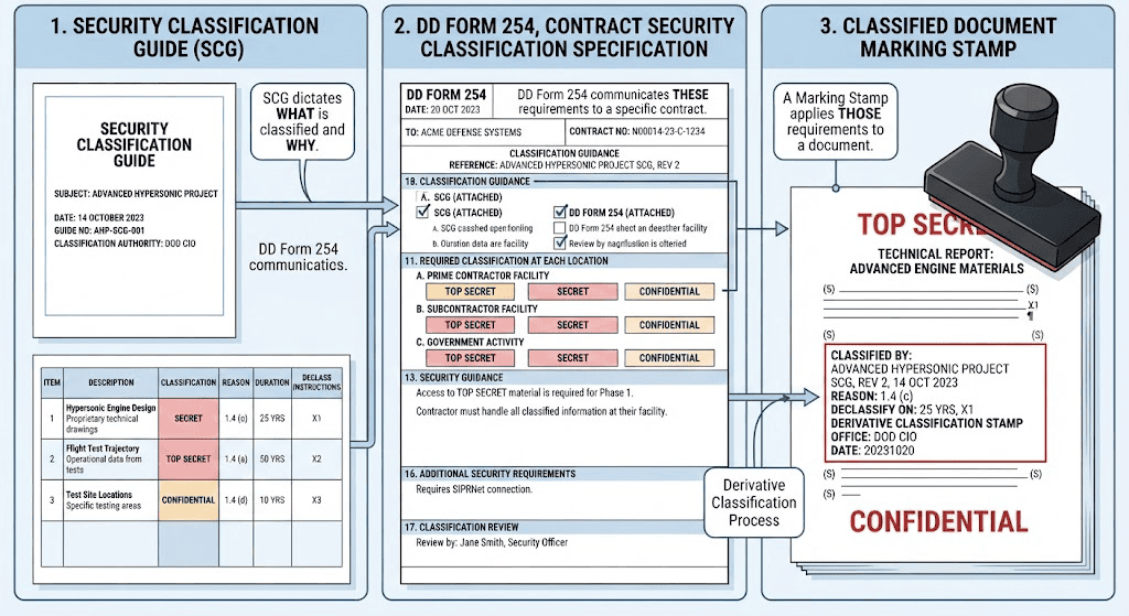 Comparison diagram of a security classification guide, DD Form 254, and classification markings