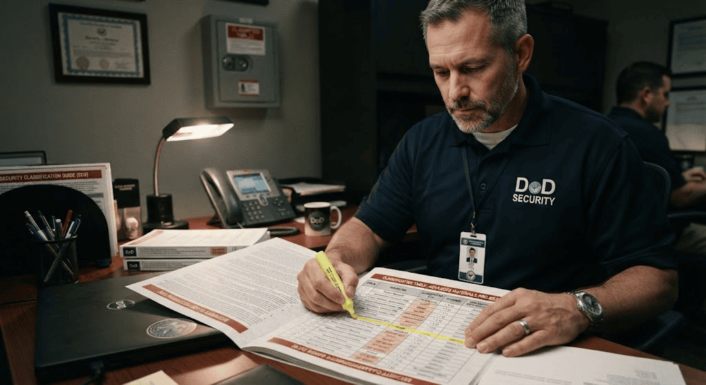 Security officer reviewing a security classification guide table showing classification levels and declassification dates