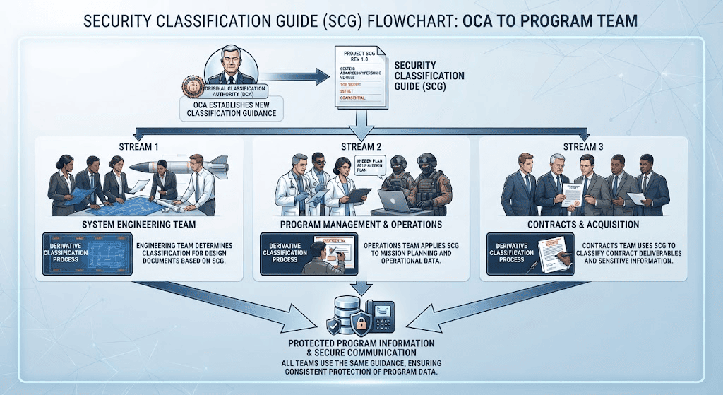 Flowchart showing how an Original Classification Authority issues a security classification guide used by derivative classifiers