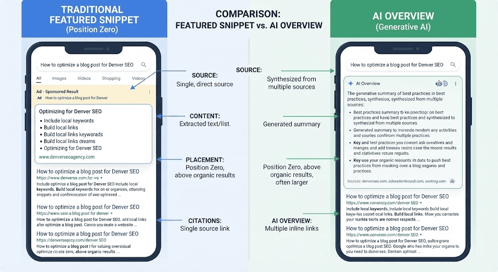 Diagram comparing featured snippet and AI Overview placement in Google search results