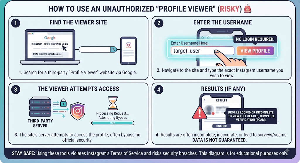 Step-by-step diagram showing how to search a username in an Instagram profile viewer without login
