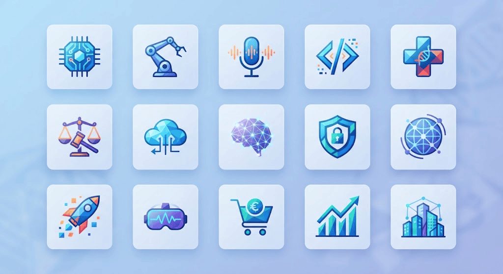 Grid of icons representing categories of the best AI startups in 2026