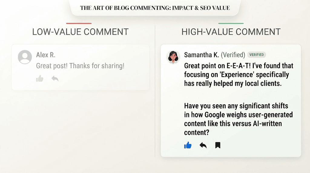 Comparison of a generic blog comment versus a specific, valuable blog comment example