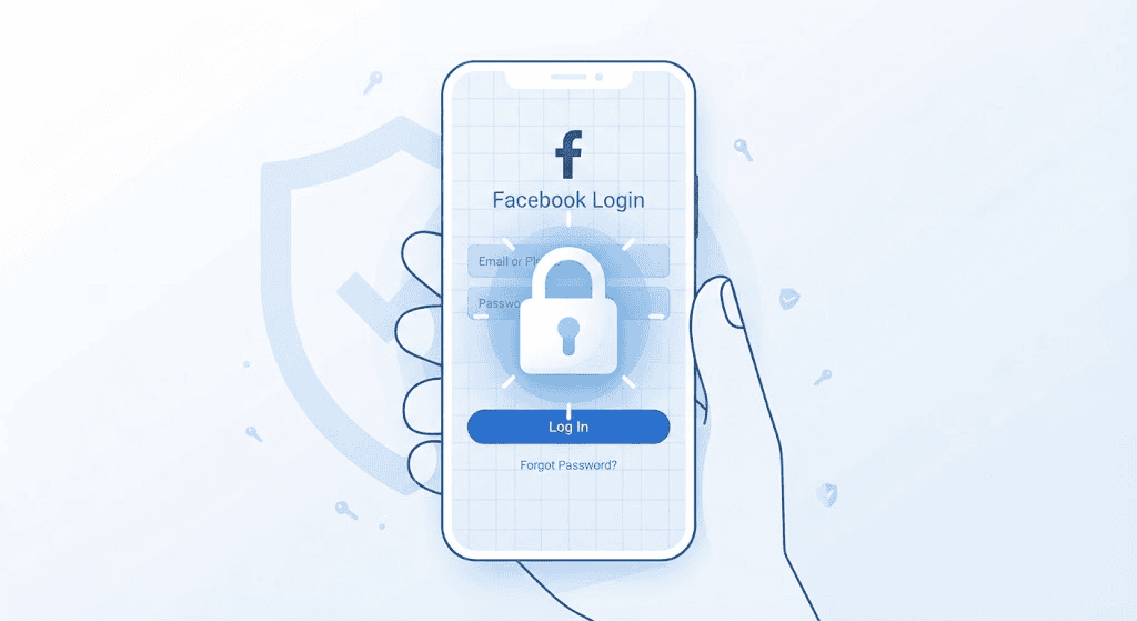 Facebook security privacy guide showing a smartphone with a padlock icon over the login screen