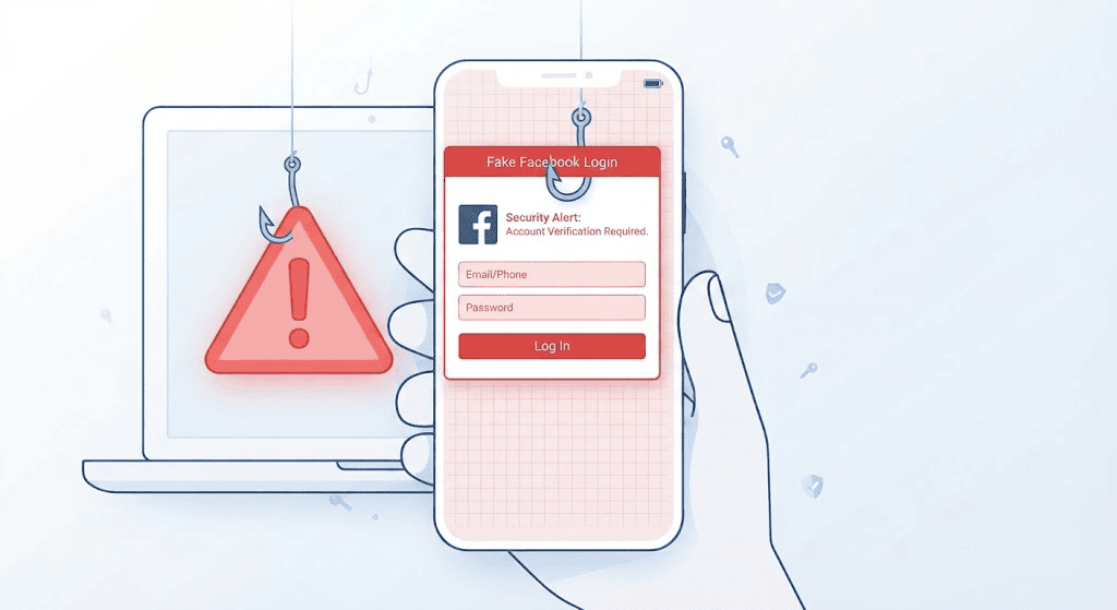 Warning sign representing a Facebook phishing scam attempt on a laptop