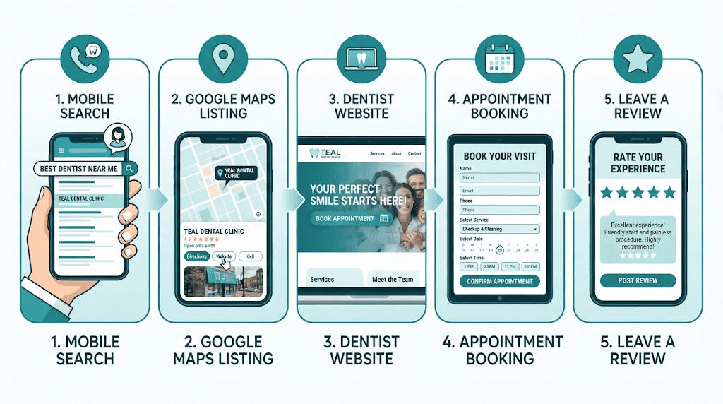 Dental patient journey from local search to website visit, booking, and online review