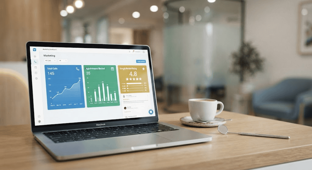 Dental practice marketing dashboard tracking calls, booked appointments, and Google reviews