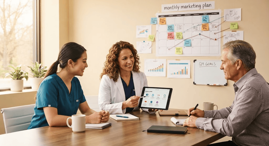 Dental team meeting with agency to plan a monthly marketing strategy