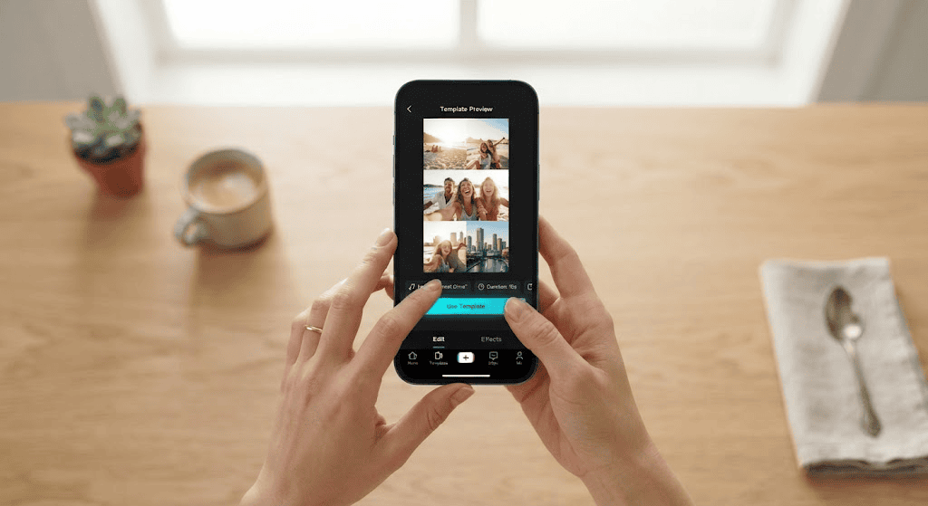 Person applying the CapCut template Ghaus Editz to video clips on mobile
