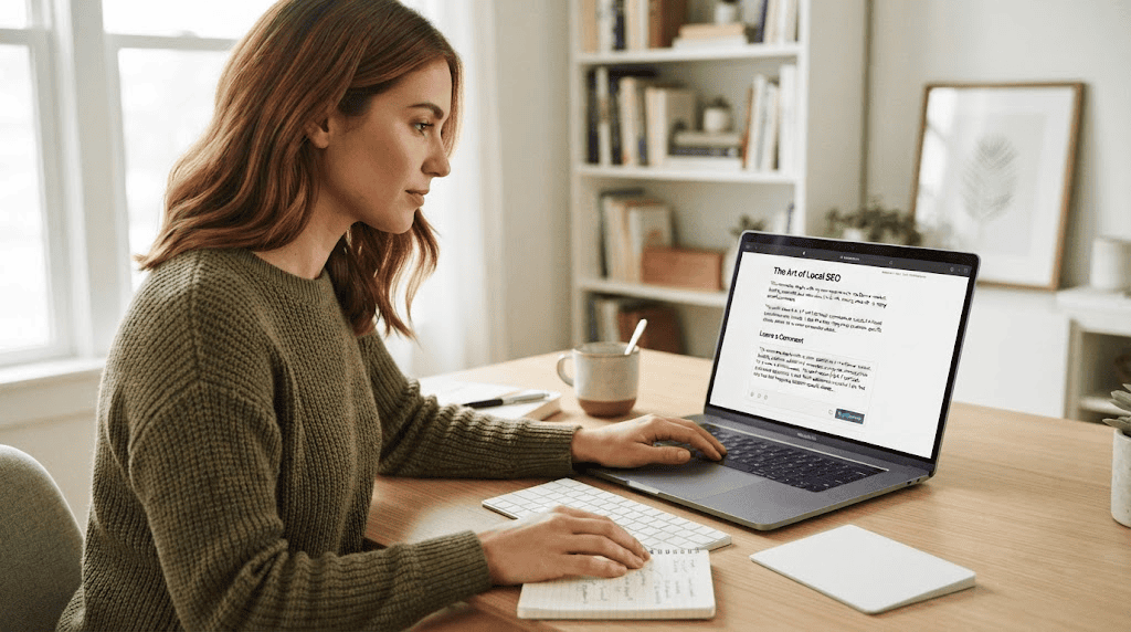 Person writing a thoughtful blog comment on a laptop